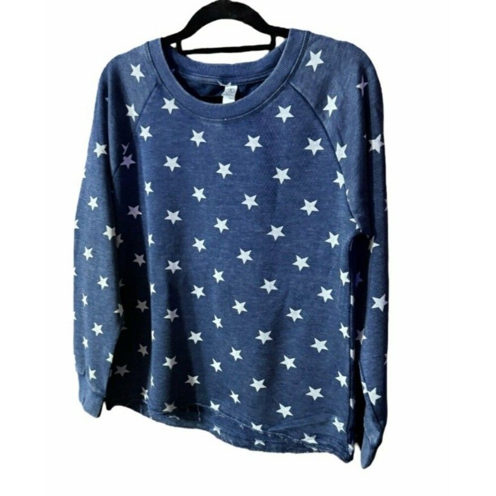 Alternative Apparel Navy with Stars Crewneck Sweatshirt with Raw Hem | Small